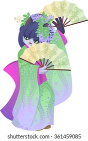 White and black cat in a green kimono dances with fans