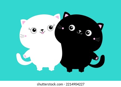 White black cat hugging family couple. Hug, embrace, cuddle. Girl Boy. Cute funny cartoon character. Happy Valentines day. Greeting card. Kitty kitten. Baby pet. Blue background. Flat design. Vector