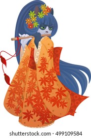White and black cat in a kimono saffron playing the flute