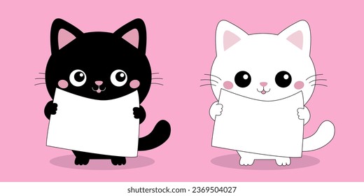 Weißes schwarzes Katzen-Set, das leeres Zeichenpapier mit Pfoten hält. Webbanner-Vorlage. Kätzchen mit großen Augen. Cute Cartoon lustige Babyfigur. Kawaii Haustier. Flaches Design. rosafarbener Hintergrund. Vektorgrafik