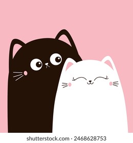 Weiße und schwarze Katze Set. Ich liebe ein Paar, das Kätzchen umarmt. Nette Cartoon lustige Kätzchen Figur. Kawaii Tier in der Liebe. Einen schönen Valentinstag. Grußkarte. Flaches Design. Rosa Hintergrund Vektorillustration