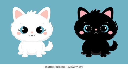 White and black cat set sitting. Kitten with blue eyes. Head face silhouette icon.Cute cartoon funny character. Funny kawaii animal. Pet collection. Sticker print. Flat design. Blue background Vector