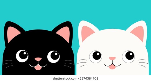 White black cat smiling sad head face set icon. Funny kawaii doodle animal. Cute cartoon funny baby character. Pink cheeks. Pet collection. Sticker print. Flat design. Blue background. Isolated Vector