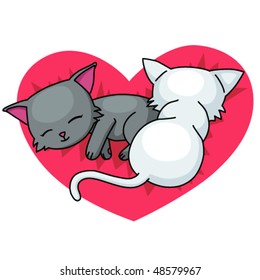 White and black cats are in an embrace on a red cushion in the form of the heart