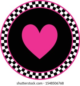 White and black checkered circle with pink heart