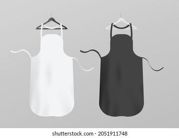 White and black chef apron mockup set. Textile cloth items on hangers - realistic blank mock up templates of cooking uniforms, vector illustration