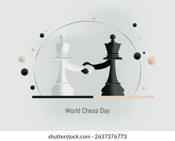 White and black chess king and queen shaking hands celebrating world chess day, promoting peace, collaboration, and strategic thinking in game and life