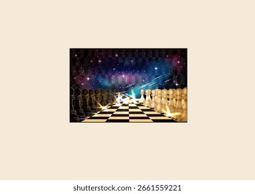 White and Black Chess Paws on night starry sky chessboard , vector illustration
