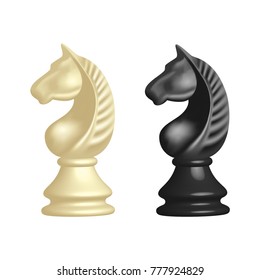 White and black chess piece Knight in 3D style on white background. Vector illustration