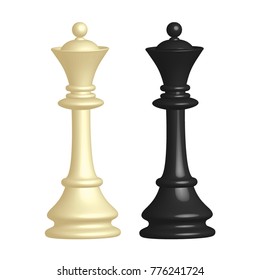 White and black chess piece Queen in 3D style on white background. Vector illustration