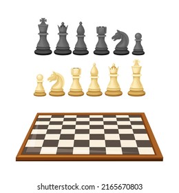 White and black chess pieces and chessboard set. Intellectual strategic board game vector illustration