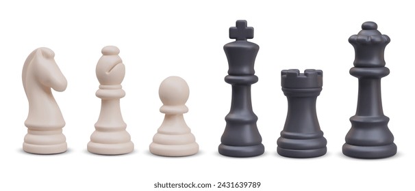 White and black chess pieces lined up in row. Realistic knight, bishop, pawn, king, rook, queen