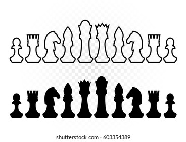 White and black chess silhouette figures set collection on white background. Items for intellectual strategic chessboard game