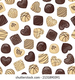 White and black chocolate sweets decorated with confectionery cream. Vector seamless pattern.