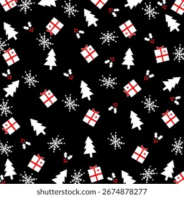White and black Christmas background with Christmas tree and snowflakes
