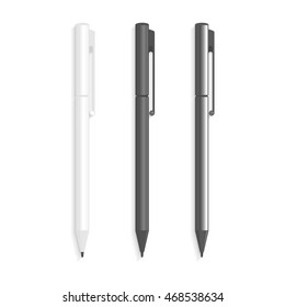 The white, black and chromeplated pens in realistic style. Marker Set Of Corporate Identity And Branding Stationery Templates. Ball Pens Isolated in White Background as School Items.