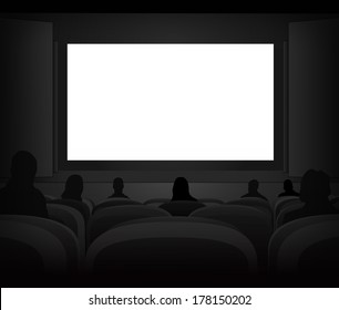 white black cinema screen with spectators in auditorium vector illustration