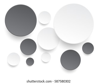 White and black circle paper cut style with drop shadows on white background