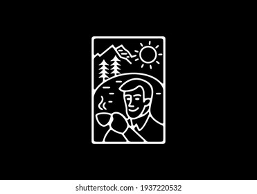 White and black color line art style illustration of drinking coffee design