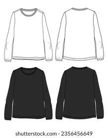 White and black color long sleeve t shirt tops technical drawing fashion flat sketch vector illustration for ladies.