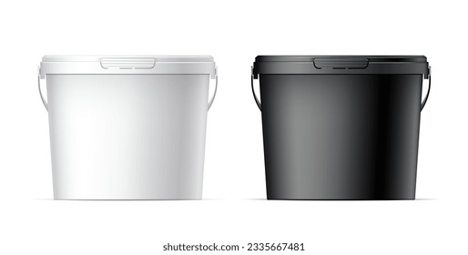 Cubo de plástico blanco y negro con tapa blanca. Embalaje de productos Para alimentos, productos alimenticios o pinturas, adhesivos, sellantes, cebadores, almendras. Vector