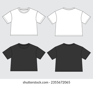 White and black color Short sleeve Basic T-shirt tops technical fashion flat sketch vector Illustration template front and back views. Basic apparel Design Mock up for Kids and boys.