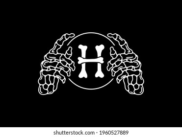 White black color of skeleton H initial letter with hand design