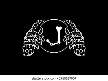 White black color of skeleton J initial letter with hand design