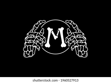 White black color of skeleton M initial letter with hand design