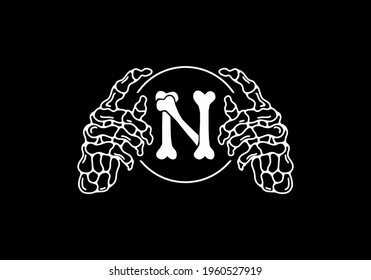White black color of skeleton N initial letter with hand design