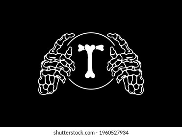White black color of skeleton T initial letter with hand design