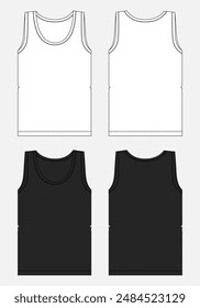 White and black color tank top technical drawing fashion flat sketch vector illustration template front and back views