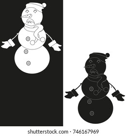 White and black contour of a sad snowman