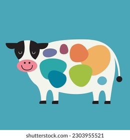 A white and black cow with multicolor