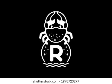White black crab line art with R initial letter design