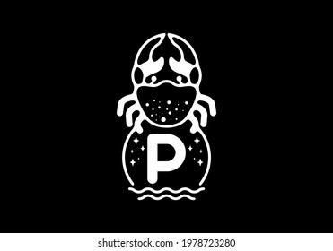 White black crab line art with P initial letter design