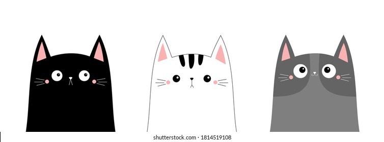 White black cray cat head face line contour silhouette icon set. Funny kawaii smiling sad doodle kitten kitty animal. Cute cartoon funny character. Pet collection. Flat design Baby background. Vector