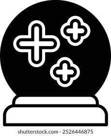 Una bola de cristal blanco y negro con tres estrellas. La pelota está sentada sobre una base roja