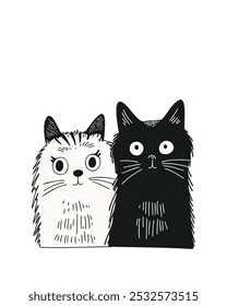 White and black cute cats in black and white cartoon style, doodle style, hand drawn, on a white background