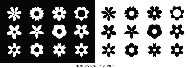 White Black Daisy Camomile icon set. Chamomile big set. Simple different shape. Cute round flower plant. Love card symbol. Growing concept. Flat design. Isolated. Black white background. Vector