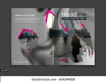 White, black design for brochure cover, info banner frame, title sheet model or ad flyer text font. Modern vector front page art with city street and pink stain blot texture. Creative blur figure icon