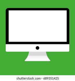 White and black desktop computer with whitee empy screen front view on green background vector eps10.  White desktop computer flat style.