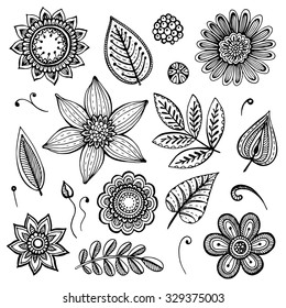 White And Black Doodle Floral Set. Fancy Flowers And Leaves; Design Elements