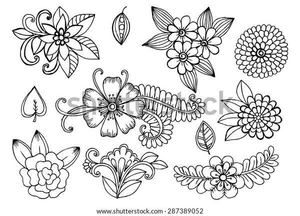 White Black Doodle Floral Set Design Stock Vector (Royalty Free ...