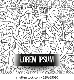White black doodles seamless pattern with hand drawn musical instruments. Background for web design, wallpaper, covers, booklets.