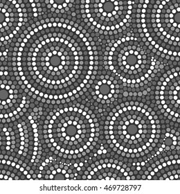 White black dot pattern vector seamless. Aboriginal australian print with concentric abstract circles. Ethnic ornament for fabric, surface design, wrapping paper or template.