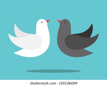 White And Black Doves Couple Flying. Love, Opposites, Peace, Difference, Contrast, Relationship, Compromise And Harmony Concept. Flat Design. EPS 8 Vector Illustration, No Transparency, No Gradients