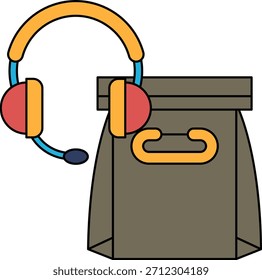 Eine weiße und schwarze Zeichnung einer Tasche mit einem Headset darauf. Die Zeichnung vermittelt die Idee, dass jemand etwas zuhört, während er seine Tasche trägt