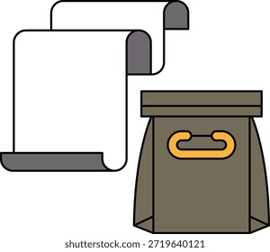 A white and black drawing of a bag and a scroll. The scroll is on the left side of the bag