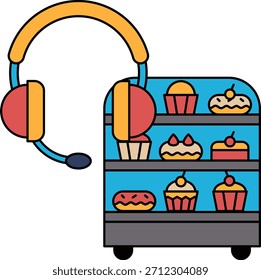 A white and black drawing of a bakery with a headset on a shelf. The headset is on a shelf with a tray of cupcakes